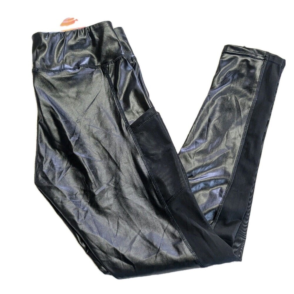 Shosho Sport Black Wet Look Leggings Mesh Side Pockets XL High Rise Shiny